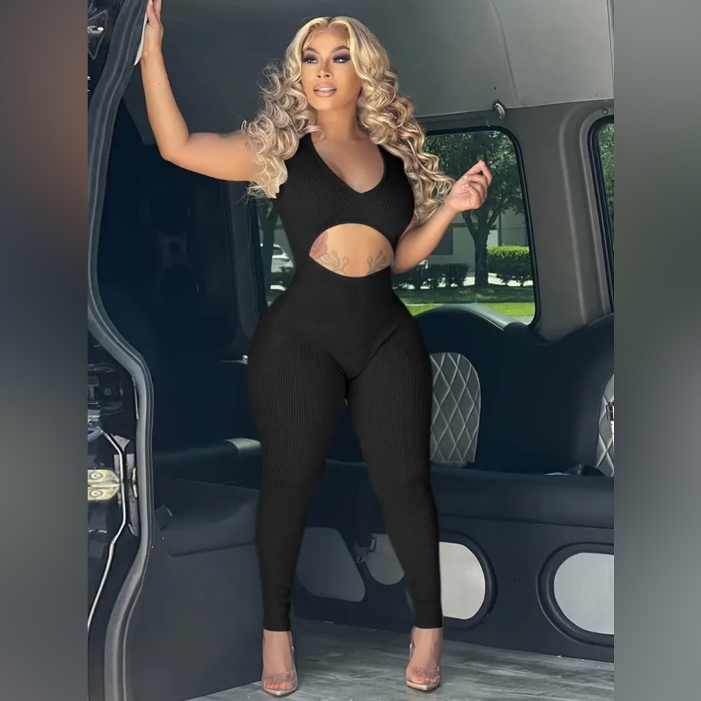🆕 in Bag Women’s Cut Out Sleeveless Jumpsuit, Sexy Solid Bodycon Jumpsuit Size:L